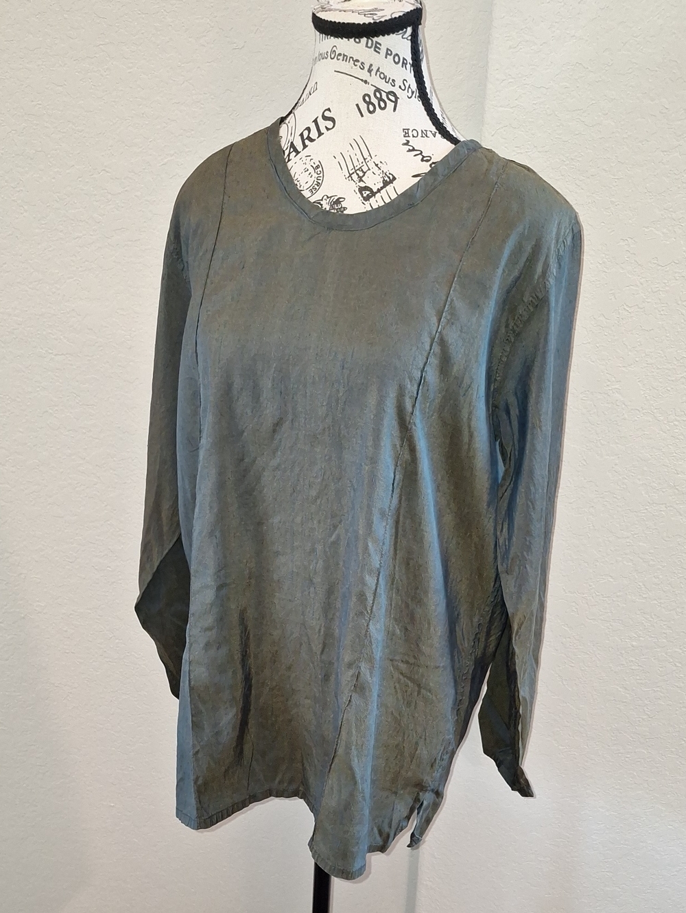 Flax by Jeanne Engelhart 100% Raw Silk Long Sleeve Tunic Blouse Olive Green Sz S
